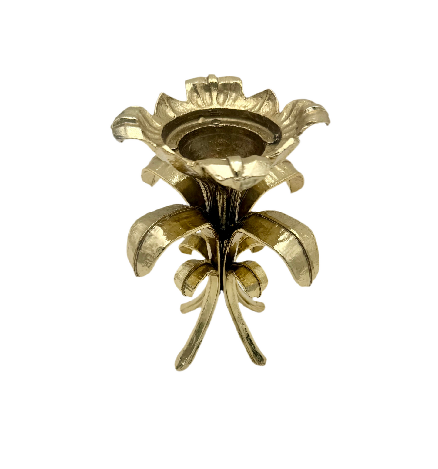 VINTAGE ITALIAN GILT TOLE LILY FLOWER CANDLE HOLDER – HOLLYWOOD REGENCY GOLD FLORAL DECOR – 1950s FLORENTINE STYLE – 5.5” TALL