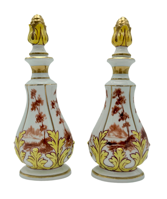 ANTIQUE FRENCH PORCELAIN COLOGNE BOTTLES – HAND PAINTED SIGNED BRUNELL – 1880s – PAIR