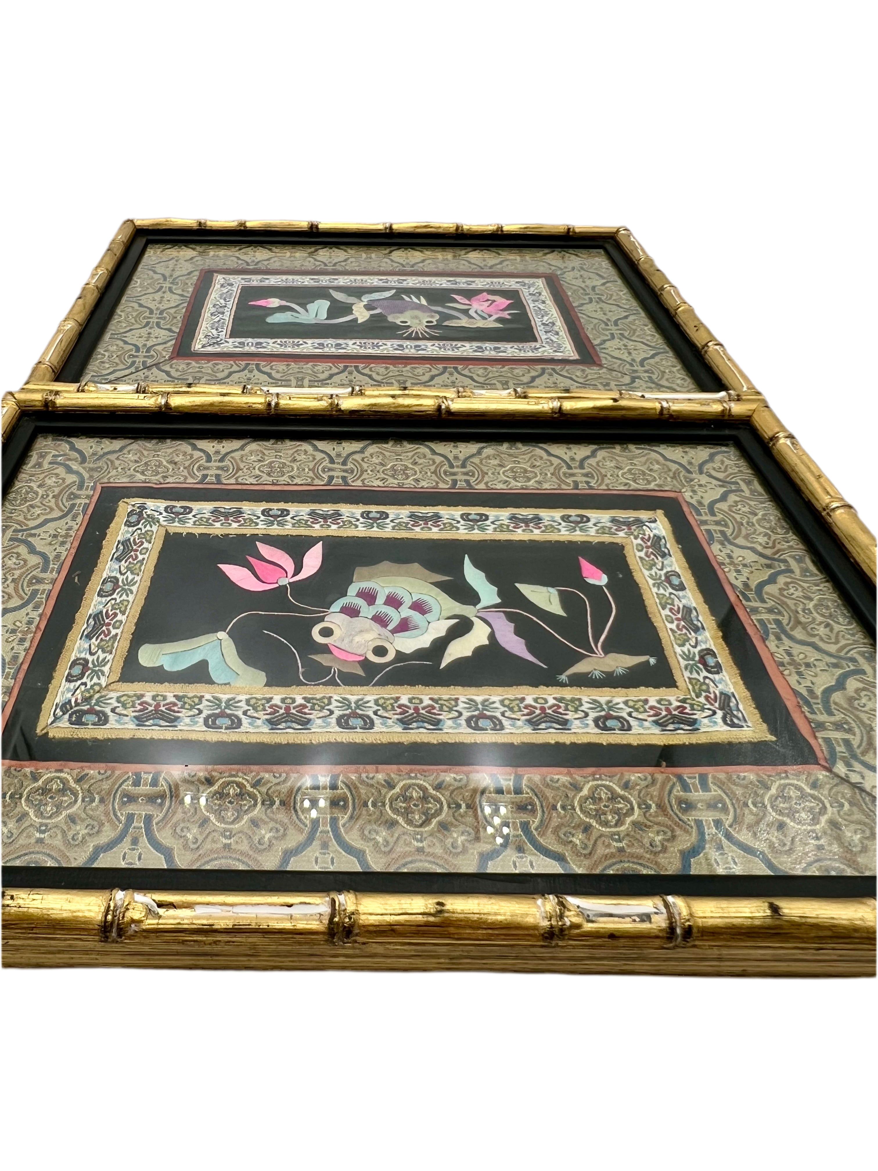 VINTAGE CHINESE SILK EMBROIDERY KOI FISH PANELS – FRAMED IN GOLD BAMBOO FRAMES