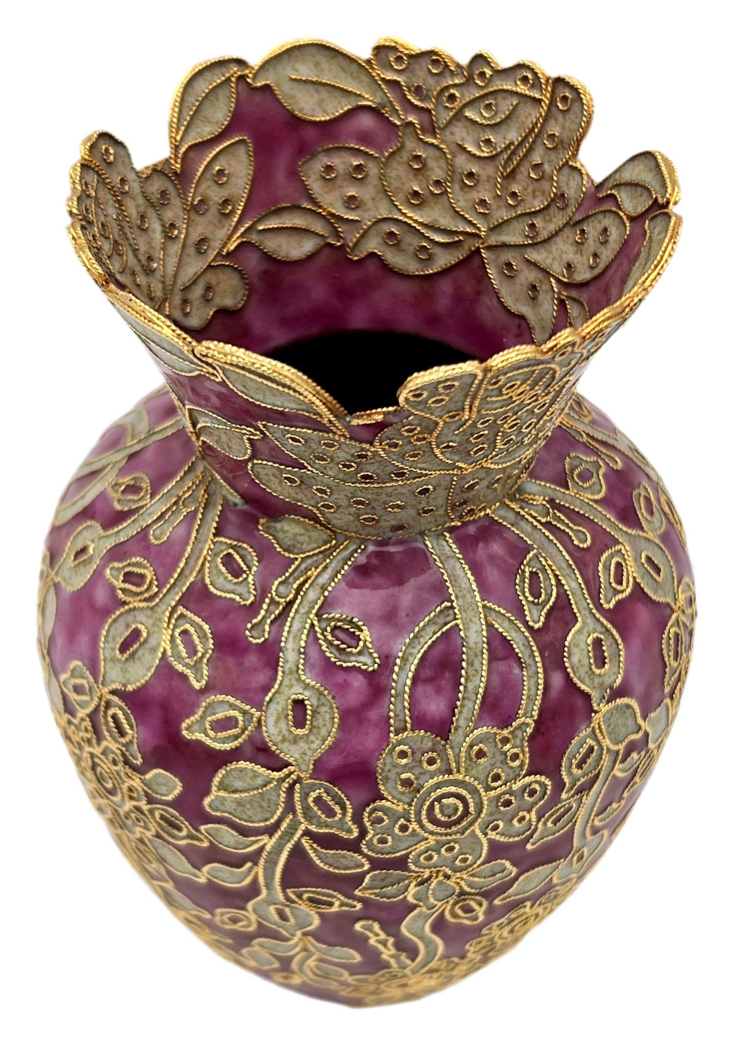 VINTAGE PURPLE AND GOLD FLORAL FILIGREE VASE – ORNATE DECORATIVE SMALL VASE 5.5 INCHES