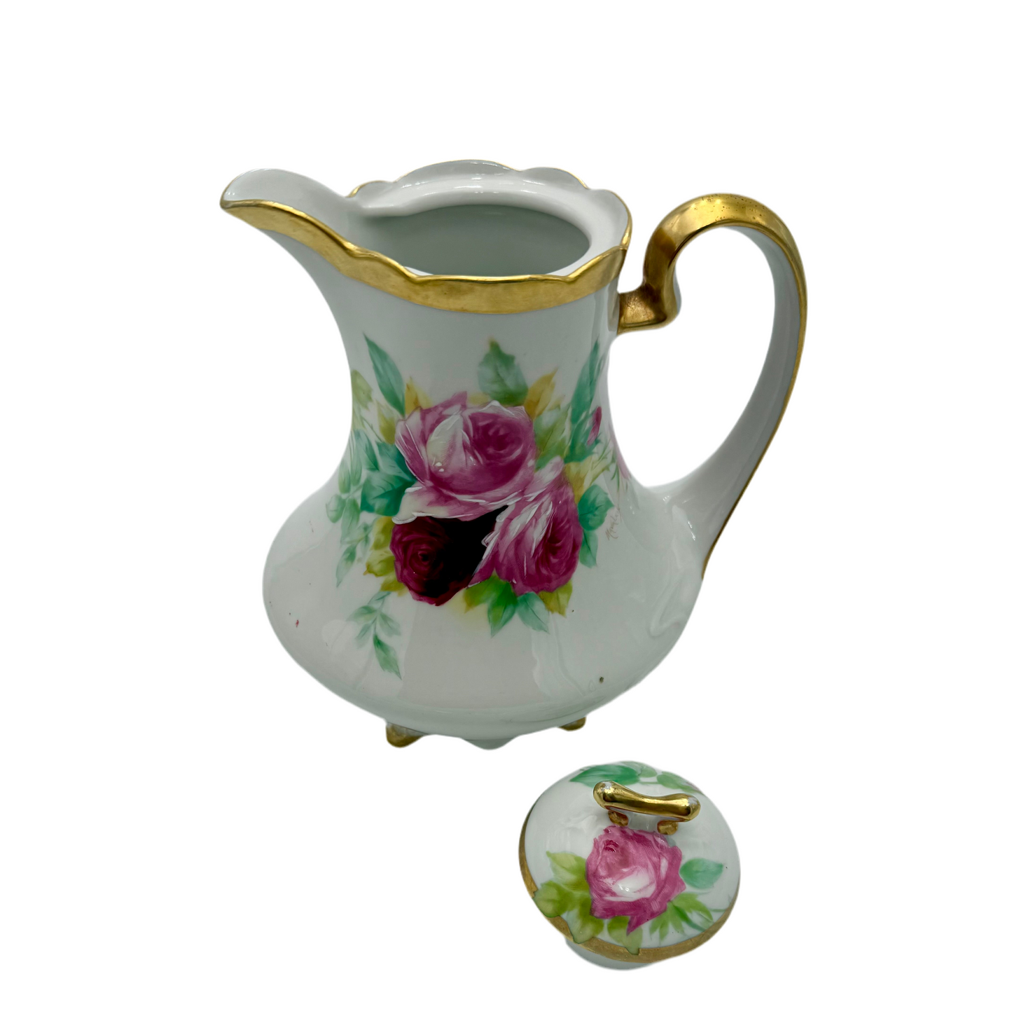 ANTIQUE LIMOGES “CORONET” HAND-PAINTED CHOCOLATE POT – SIGNED MAVALEIX – PINK ROSES & GOLD TRIM – ART NOUVEAU ERA FRANCE c.1906–1920