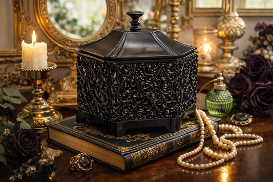 Vintage Black Filigree Jewelry Box with Lid, Hollywood Regency Gothic Decor, Large Pierced Decorative Storage Box, 1970s Vintage Home Accent