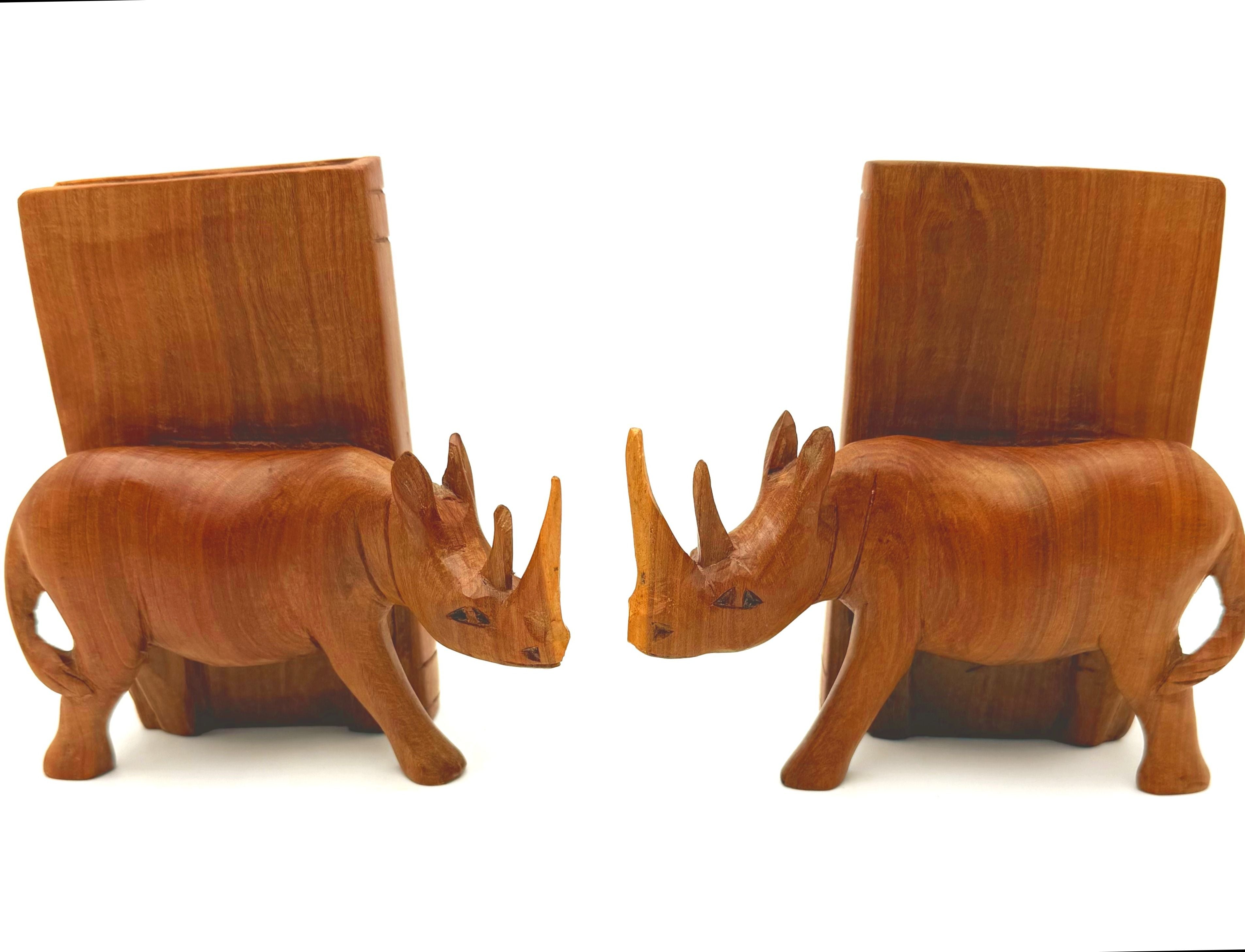 VINTAGE HAND CARVED WOOD RHINO BOOKENDS