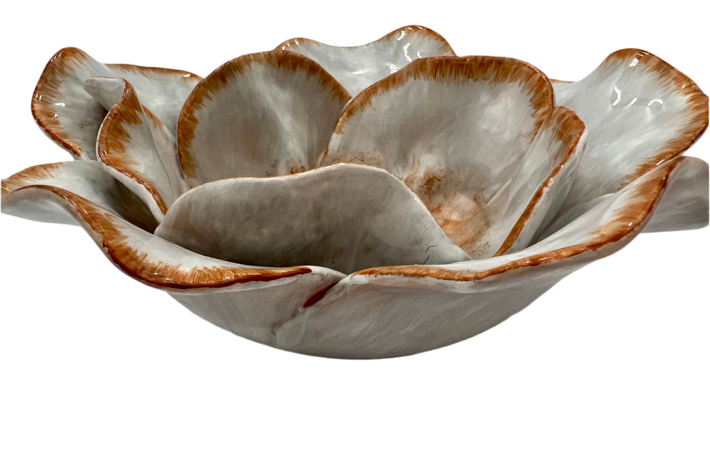 STUDIO Z 2003 CERAMIC FLOWER BOWL – HAND-PAINTED LAYERED PETALS – WHITE & SIENNA GLAZE – SCULPTURAL FLORAL DECOR