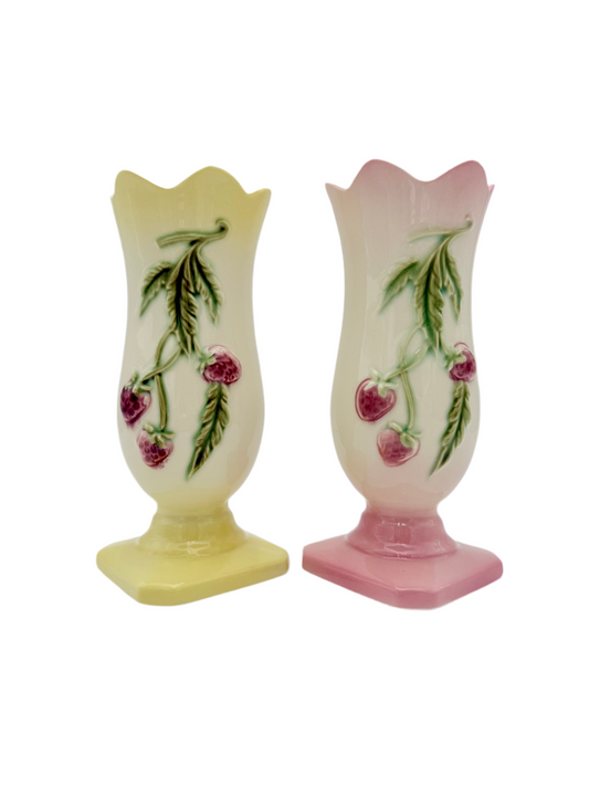 VINTAGE HULL POTTERY VASE PAIR #45 – PINK & YELLOW CHERRY BLOSSOM DESIGN – 1940s AMERICAN ART POTTERY – COTTAGECORE PASTEL DECOR