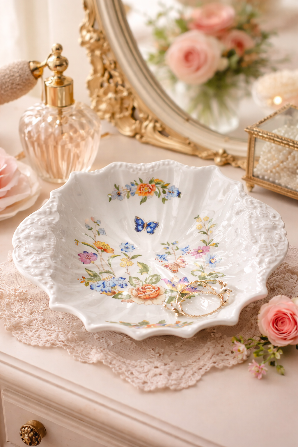 ANSLEY COTTAGE GARDEN SCALLOPED SHELL DISH VINTAGE ENGLISH BONE CHINA FLORAL BUTTERFLY DECORATIVE BOWL