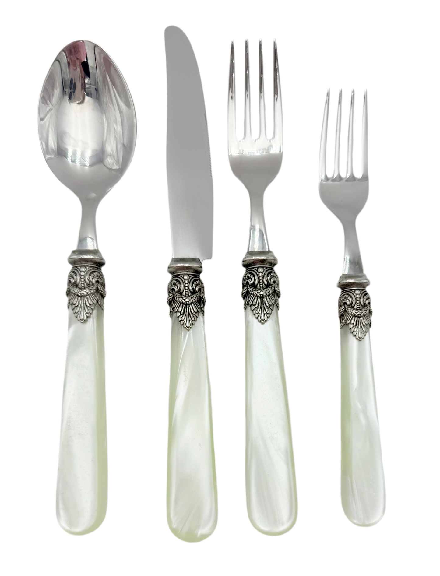 VINTAGE EME ZINOX ITALY MOTHER OF PEARL FLATWARE SET – 4 PIECE LUXURY PLACE SETTING WITH ORNATE SILVER DETAIL