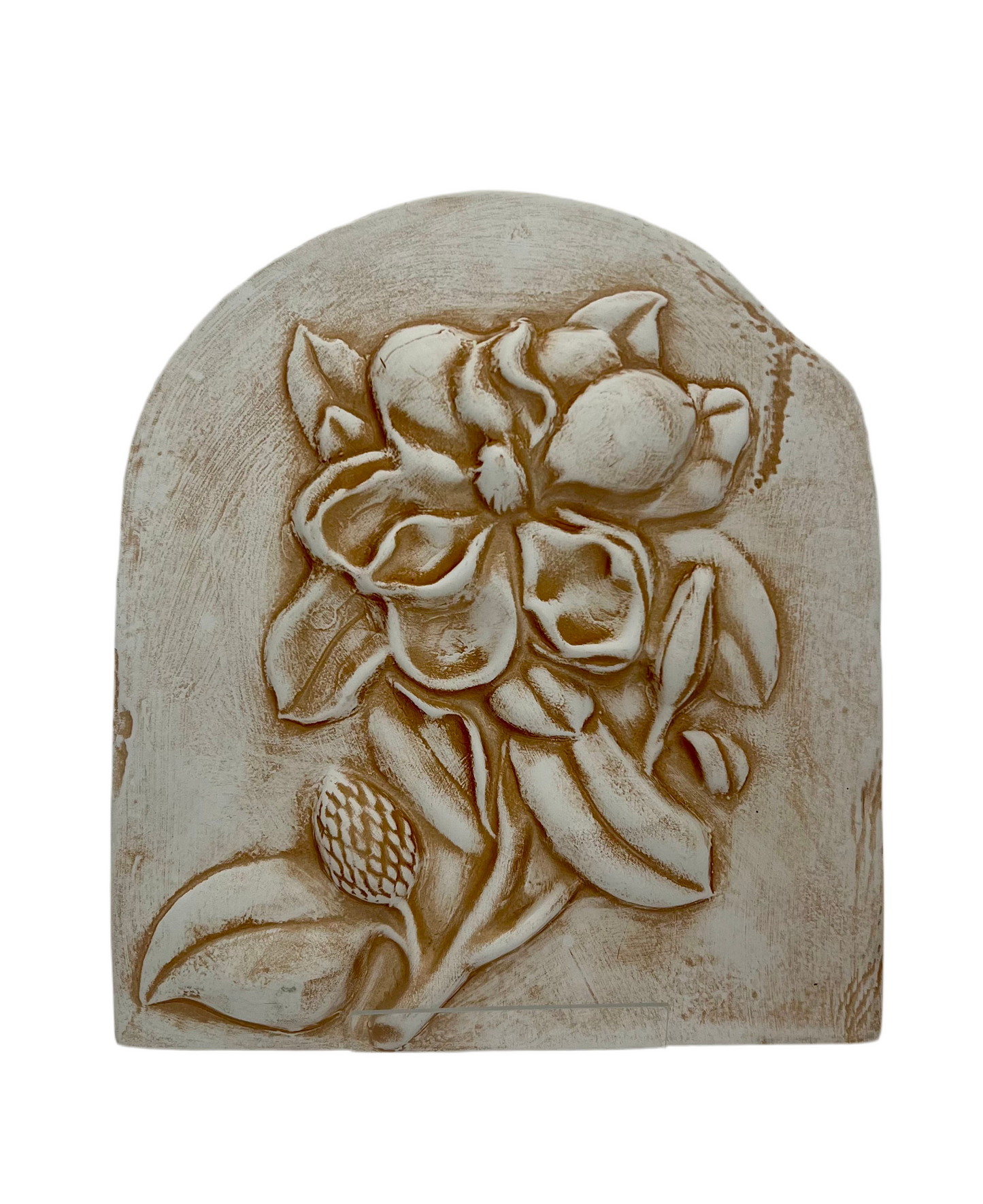 ARCH-TOP PLASTER MAGNOLIA WALL PLAQUE • Circa 1990s • Antiqued Cream & Ochre Botanical Relief • 11″H × 10″W