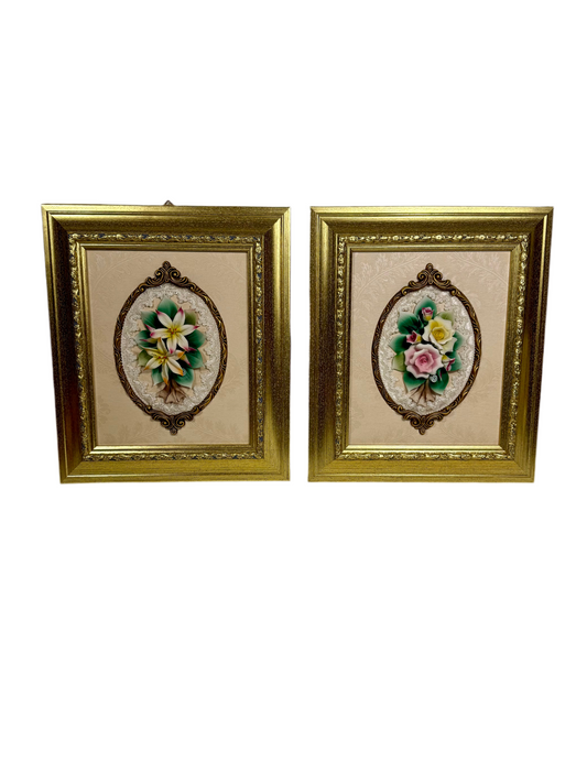 CREAZIONI ARTISTICHE DI CAPODIMONTE – VINTAGE ITALIAN PORCELAIN FLORAL WALL PLAQUES – GOLD GILT FRAMES – 16.5” × 14” – SET OF TWO