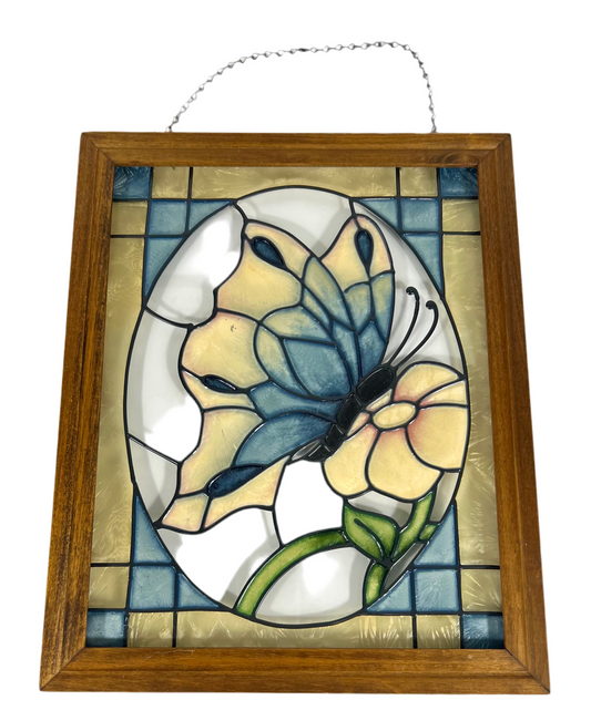 VINTAGE BUTTERFLY HANGING FRAMED STAINED GLASS