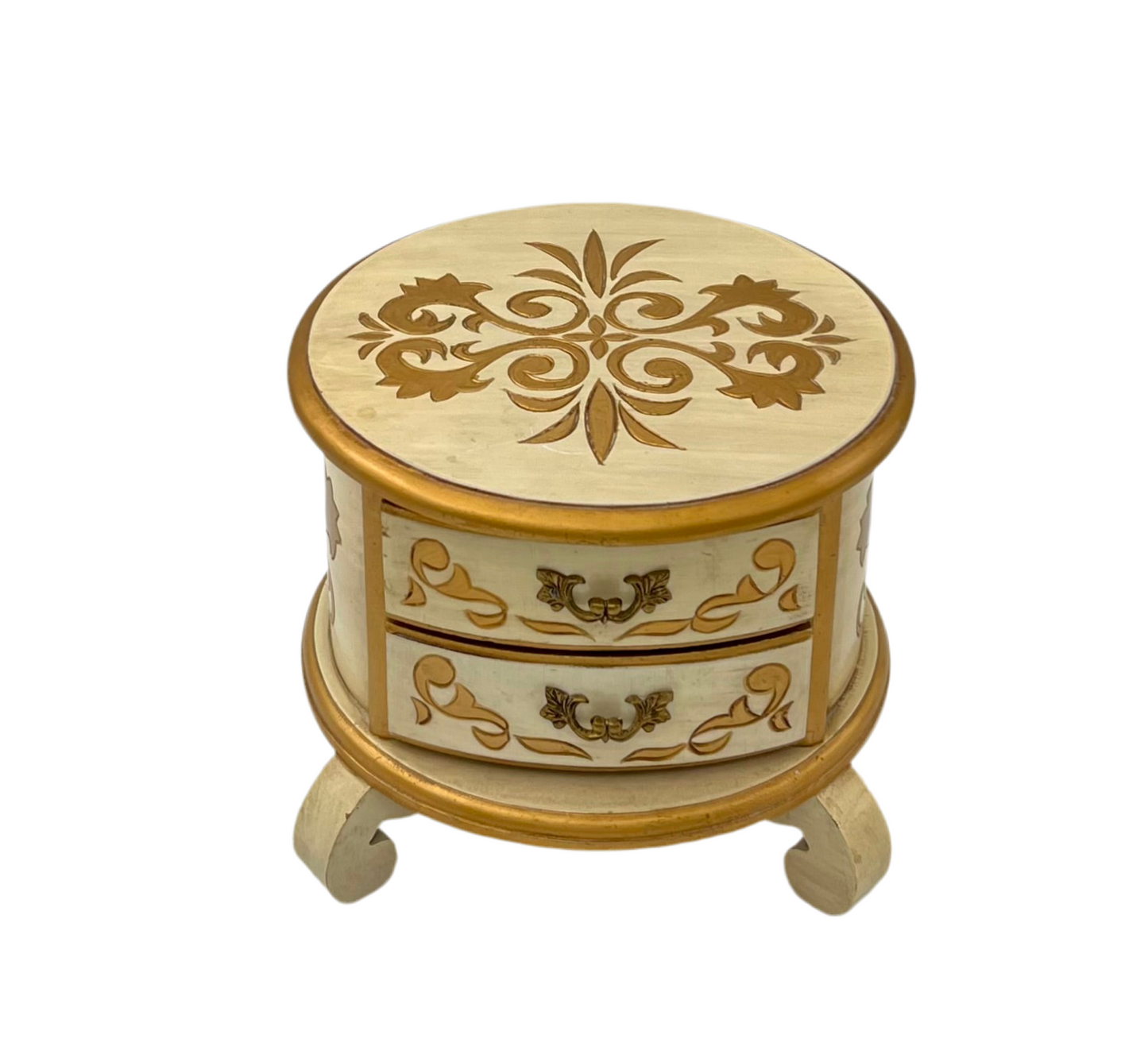 VINTAGE ITALIAN FLORENTINE GILT JEWELRY BOX – CREAM & GOLD WITH BLUE VELVET DRAWERS – 1950s FLORENCE, ITALY