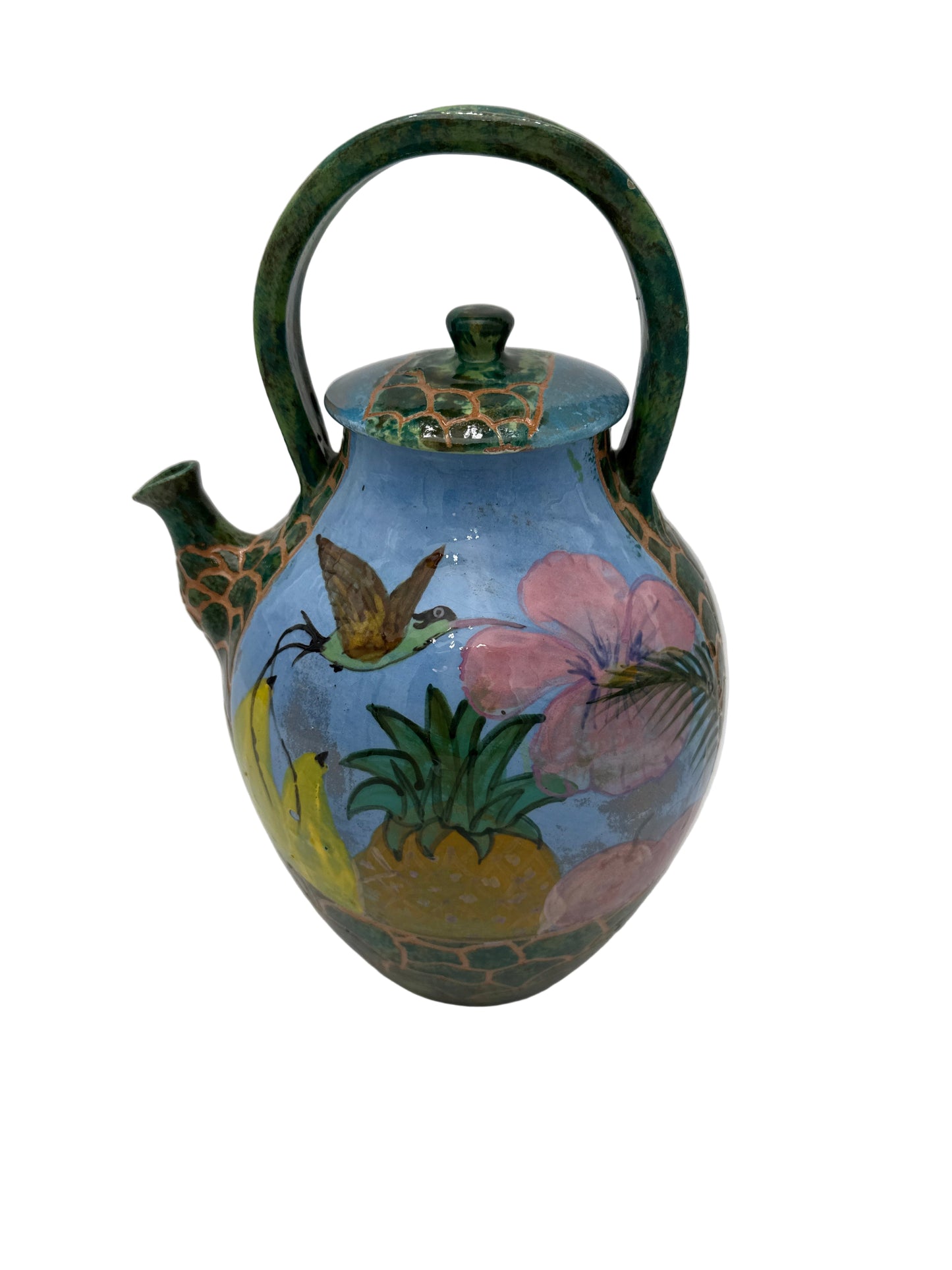 HAND-PAINTED TROPICAL TEAPOT BY LINCIAR ART – Vintage Mexican Ceramic with Pineapple, Hummingbird & Hibiscus