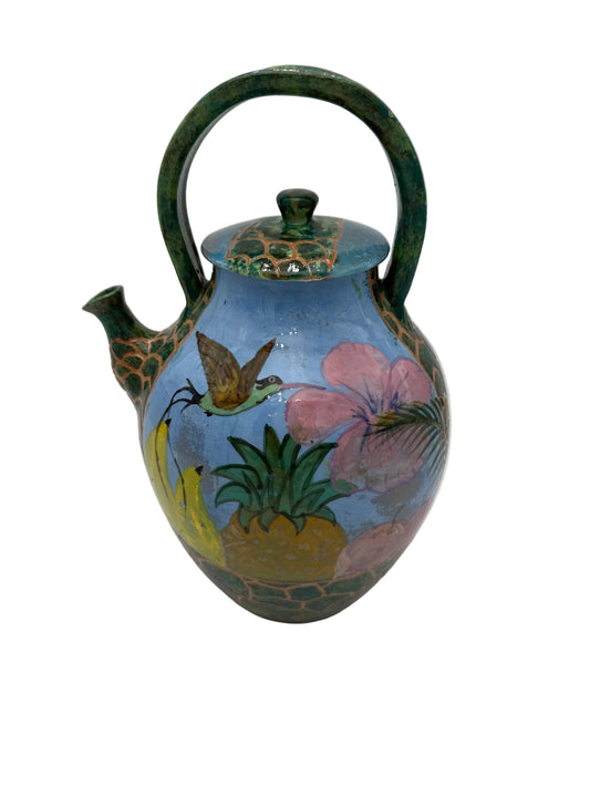 HAND-PAINTED TROPICAL TEAPOT BY LINCIAR ART – Vintage Mexican Ceramic with Pineapple, Hummingbird & Hibiscus