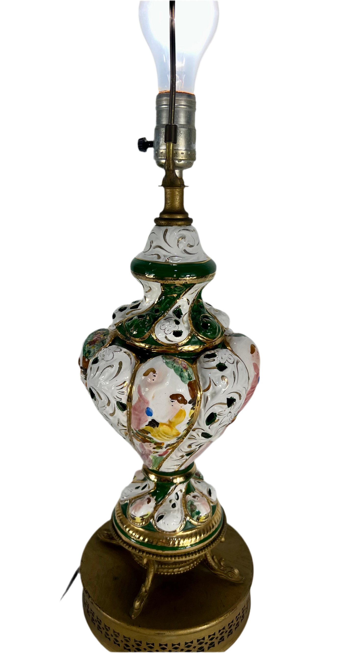 VINTAGE ITALIAN CAPODIMONTE PORCELAIN LAMP WITH HAND-PAINTED ROMANTIC SCENE AND GILT OPENWORK BASE