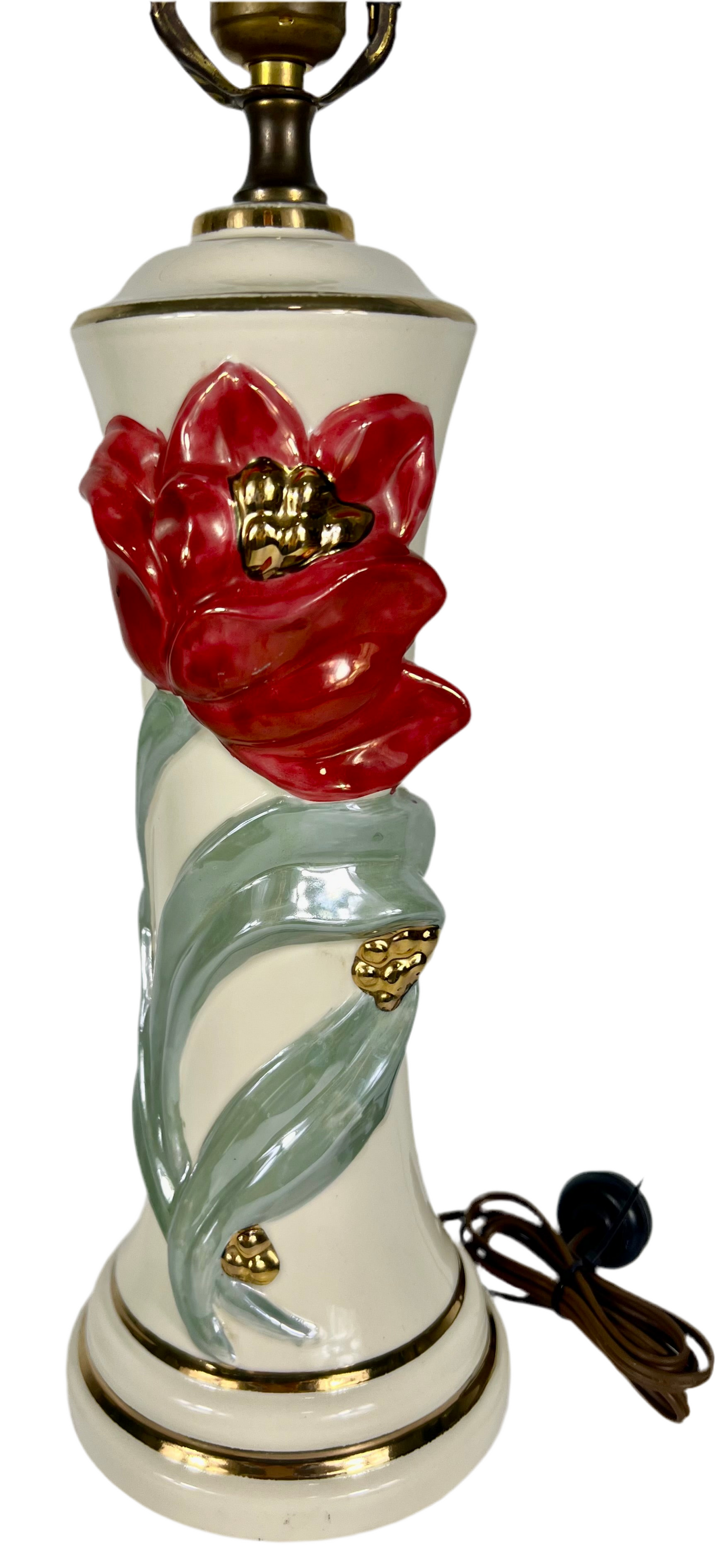 VINTAGE FLORAL CERAMIC LAMP – RED BLOOM WITH GOLDEN TOUCHES