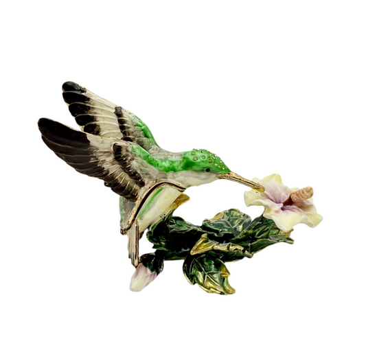 VINTAGE GREEN HUMMINGBIRD WITH CRYSTALS JEWELRY/TRINKET BOX