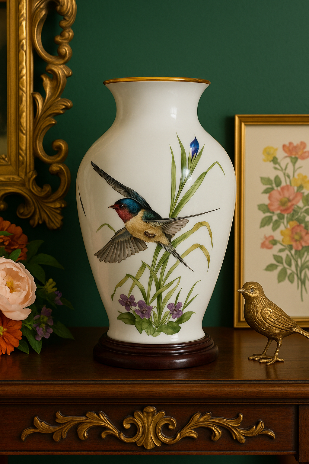 THE MEADOWLAND BIRD VASE BY BASIL EDE – 1980 FRANKLIN PORCELAIN – LIMITED EDITION WITH ORIGINAL PAPERWORK & STAND