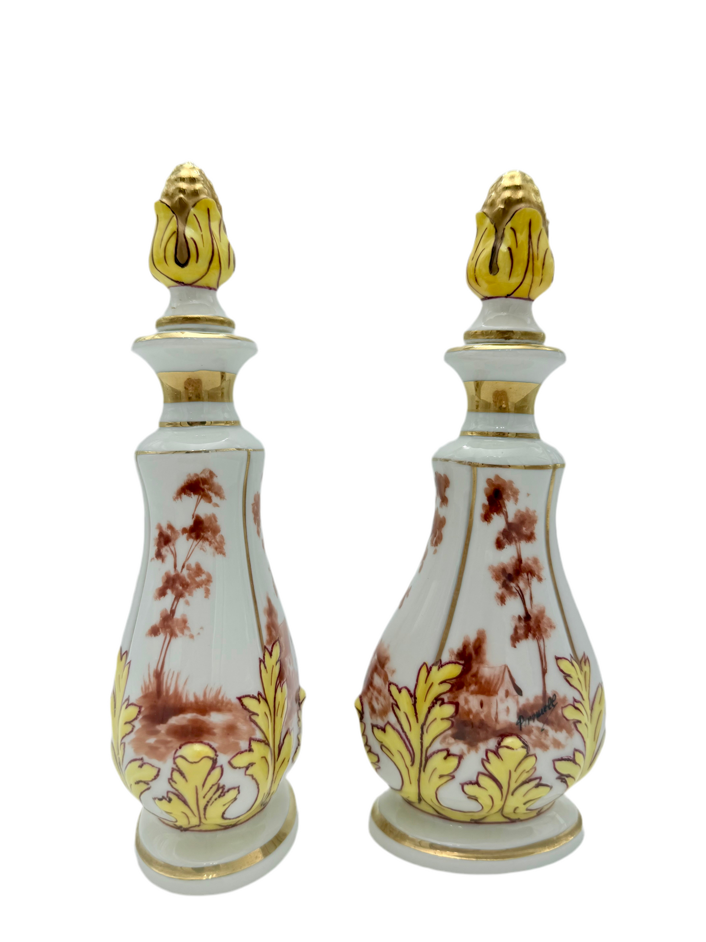 ANTIQUE FRENCH PORCELAIN COLOGNE BOTTLES – HAND PAINTED SIGNED BRUNELL – 1880s – PAIR