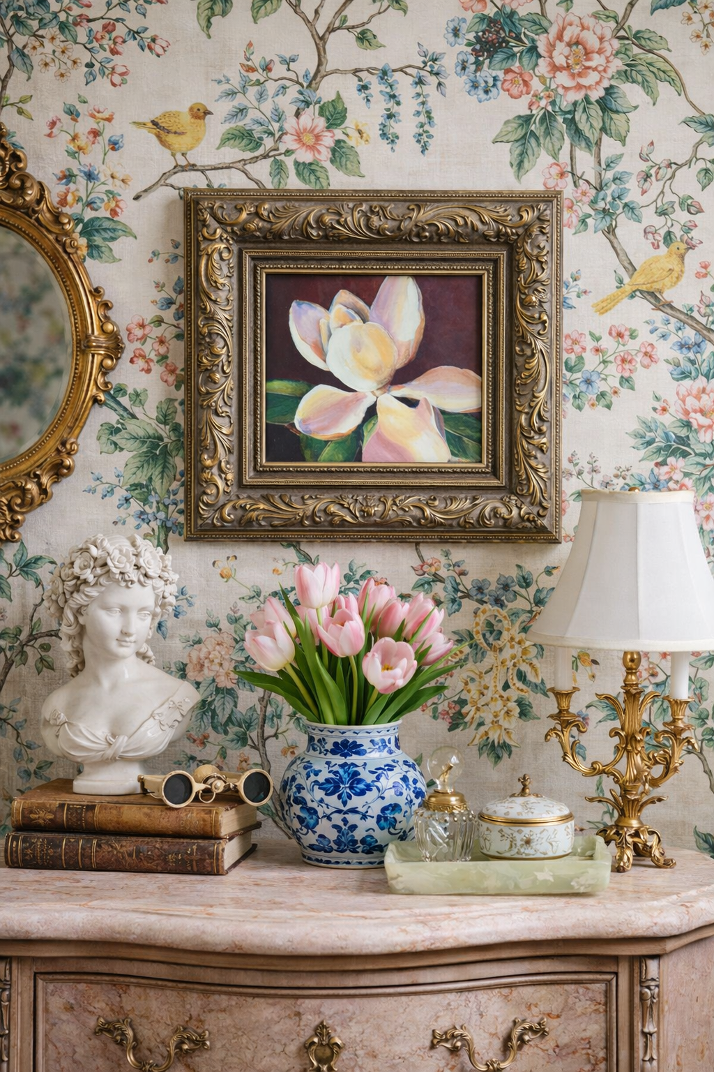 VINTAGE FRAMED MAGNOLIA PAINTING SIGNED JOAN COLE ANTIQUED ORNATE FRAME SOUTHERN FLORAL WALL ART 15.5 X 13.5