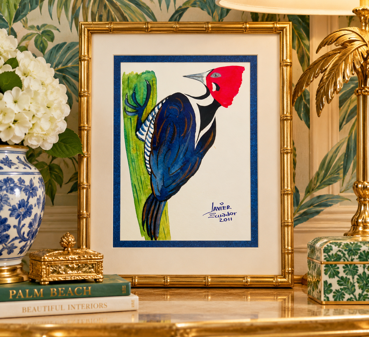 Original Ecuadorian Woodpecker Painting by Javier – Signed 2011 Tropical Bird Art