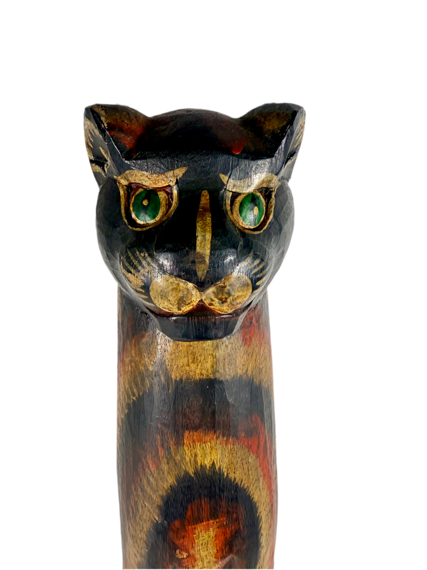 Vintage 32″ Hand-Carved Wooden Cat Sculpture – Folk Art Whimsy Statement Piece