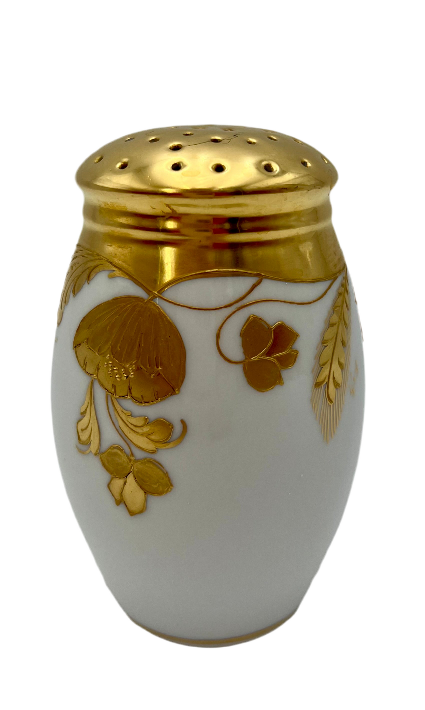 Antique Porcelain Sugar Shaker Muffineer | Stouffer Studio Chicago | Hand-Gilded Raised Gold Floral | Signed BEK
