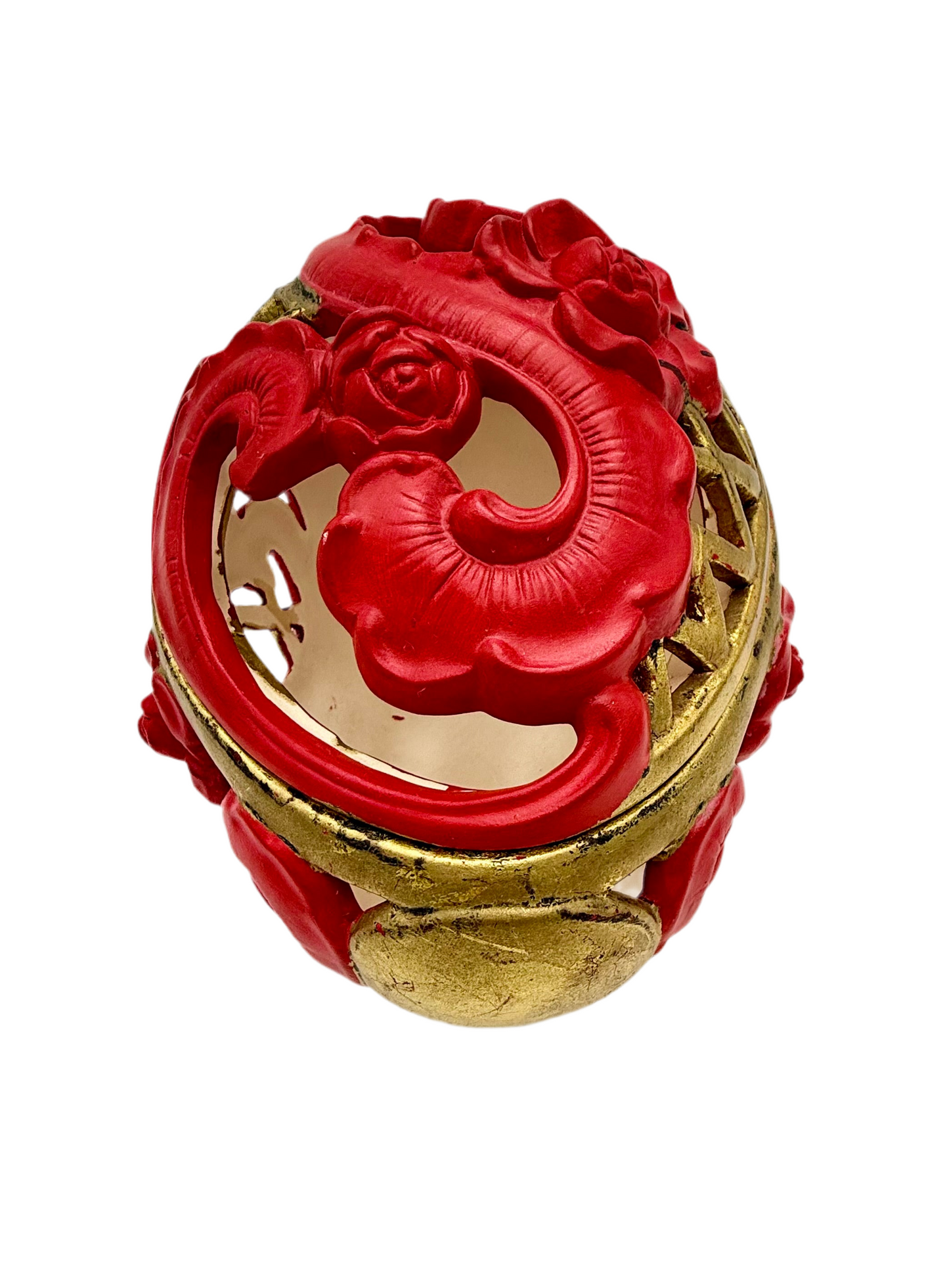 VINTAGE RED AND GOLD CHALKWARE POTPOURRI JAR WITH LID – ITALIAN CAPODIMONTE STYLE FLORAL DESIGN