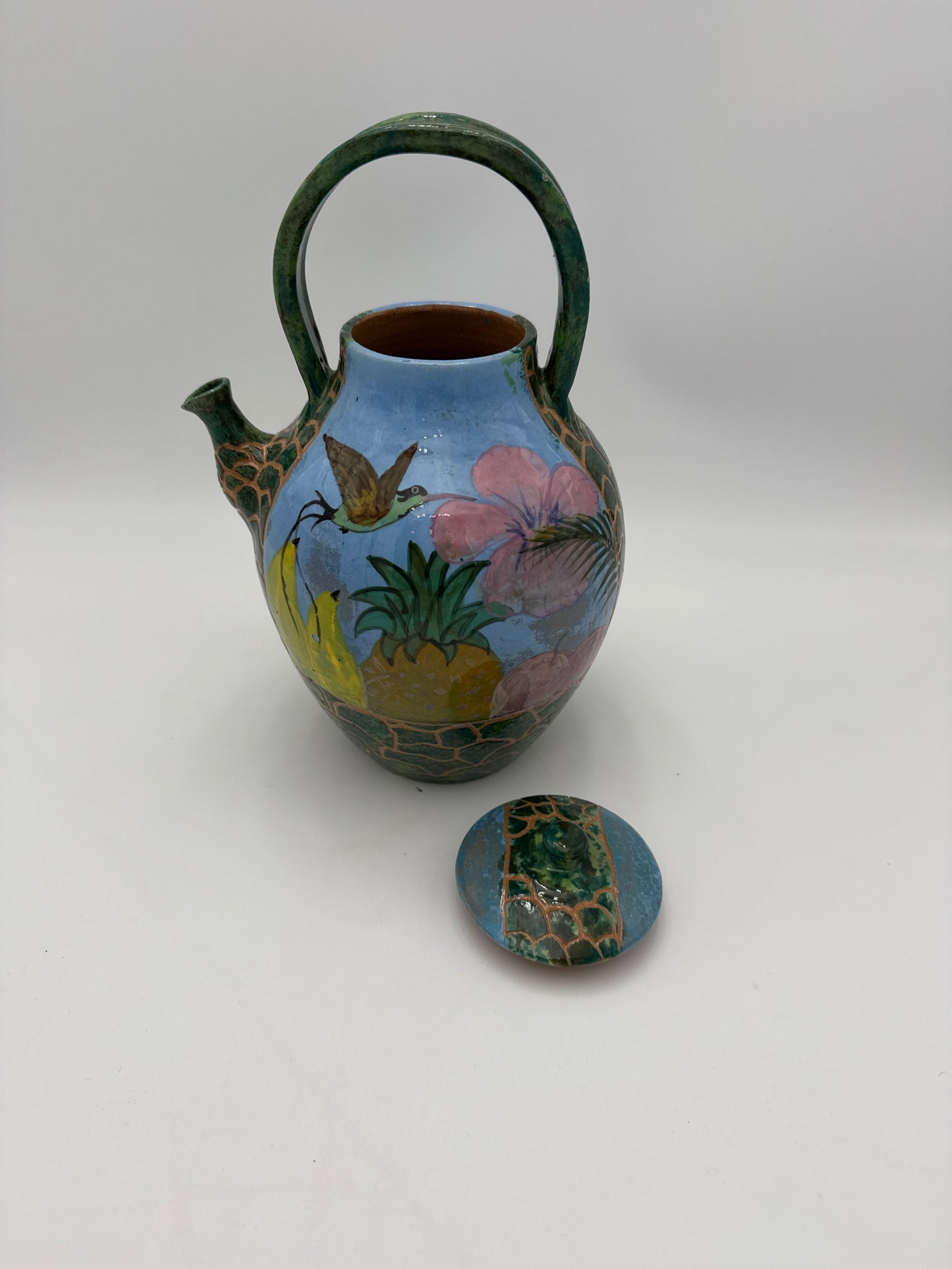 HAND-PAINTED TROPICAL TEAPOT BY LINCIAR ART – Vintage Mexican Ceramic with Pineapple, Hummingbird & Hibiscus