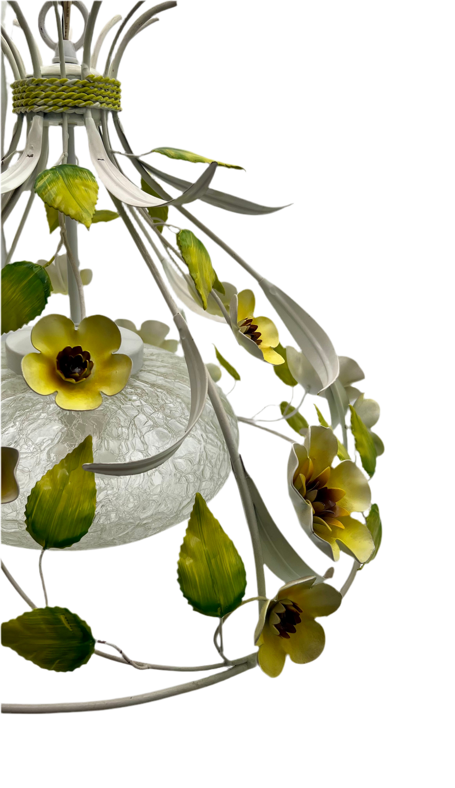VINTAGE ITALIAN TOLE FLORAL CHANDELIER – HAND-PAINTED YELLOW FLOWERS WITH CRACKLE GLASS GLOBE, 18 INCH