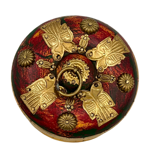 VINTAGE ORNATE BUTTERFLY GILDED WOOD RED AND GOLD TRINKET BOX
