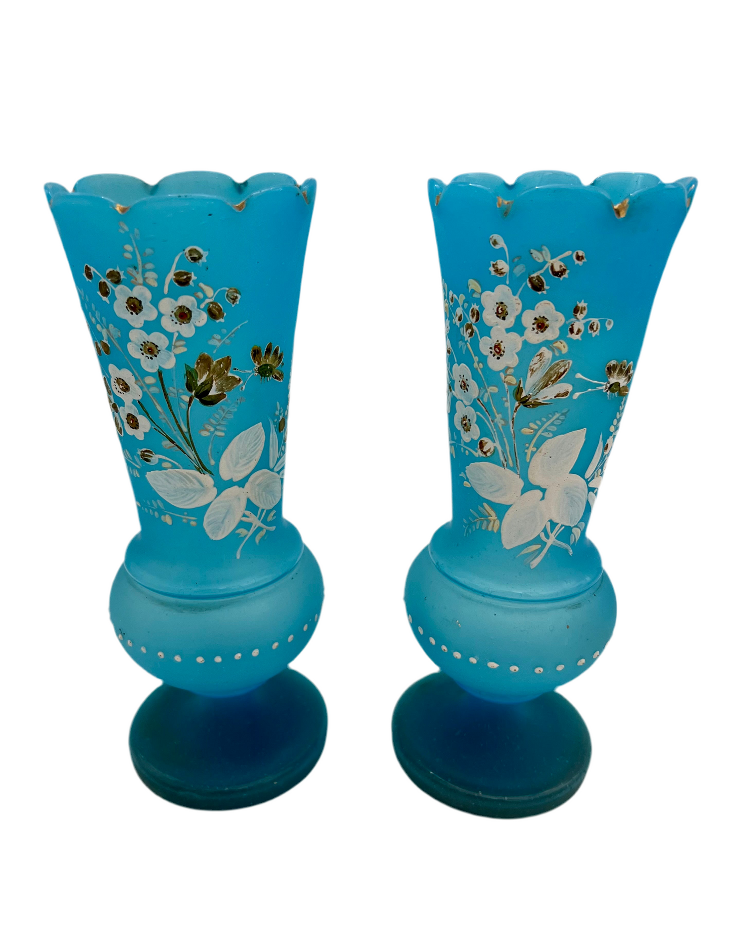 PAIR OF ANTIQUE BLUE SATIN GLASS VASES WITH ENAMELED FLORAL DESIGN – VICTORIAN BOHEMIAN HAND PAINTED – 11 INCHES