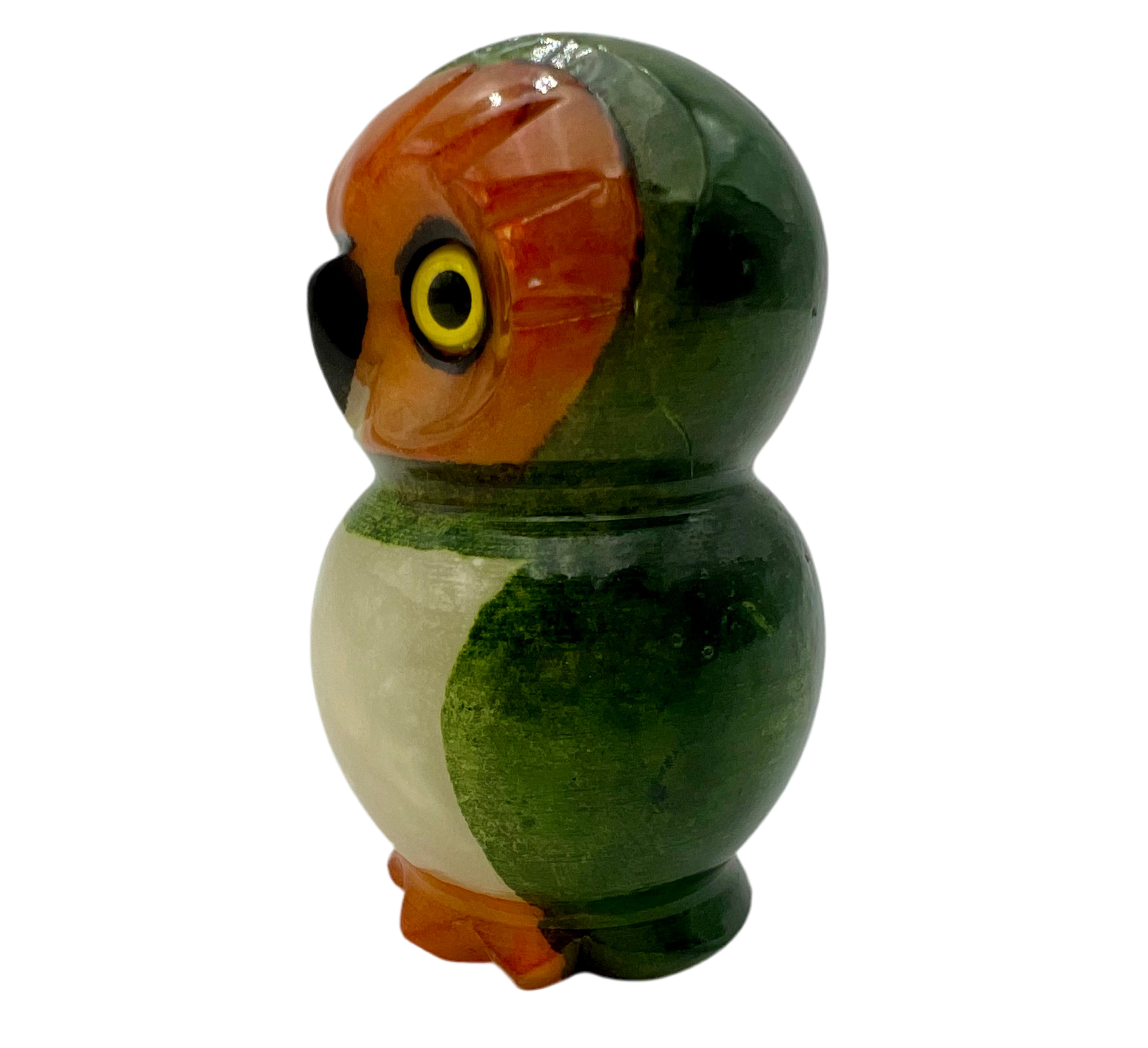 VINTAGE DUCCESCHI ITALIAN ALABASTER OWL • HAND CARVED & HAND PAINTED • MID CENTURY VOLTERRA STONE FIGURINE • GREEN & ORANGE ALABASTER BIRD