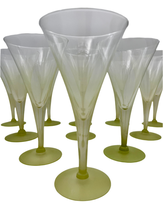 SET OF 11 VINTAGE 1960S BLENDO LIME GREEN FROSTED WINE GLASSES MID CENTURY MODERN STEMWARE