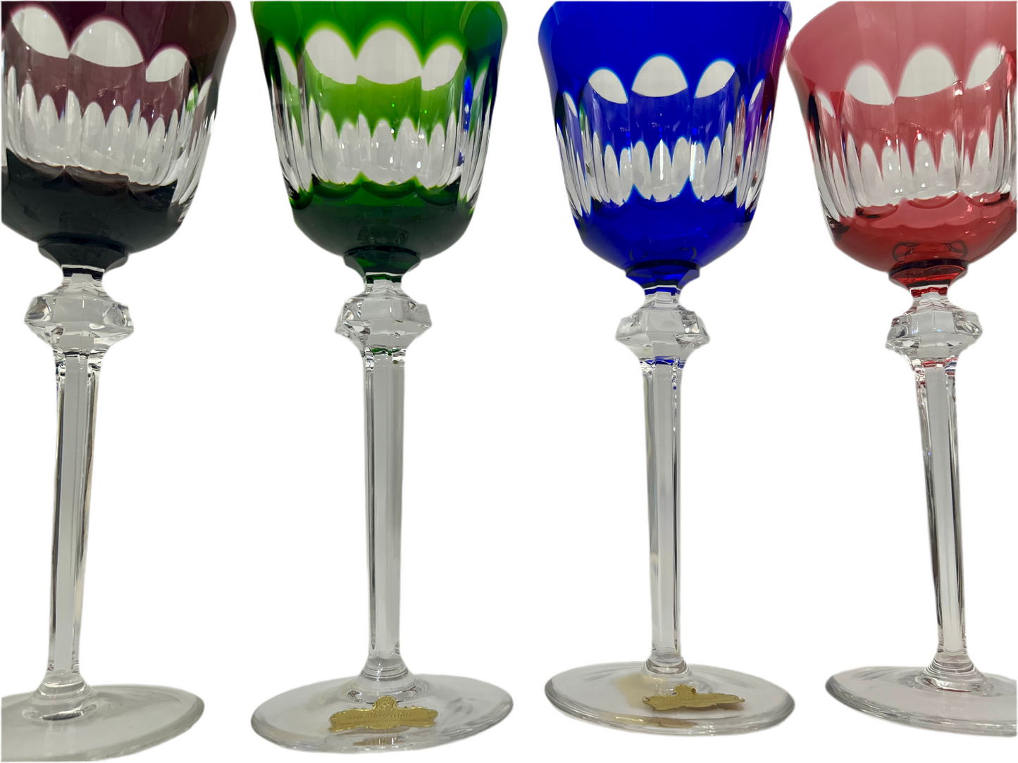 SET OF 4 GERMAN CUT TO CLEAR LEAD CRYSTAL HOCK WINE GLASSES – MULTICOLOR, MOUTH-BLOWN HAND-CUT, MINT WITH LABELS