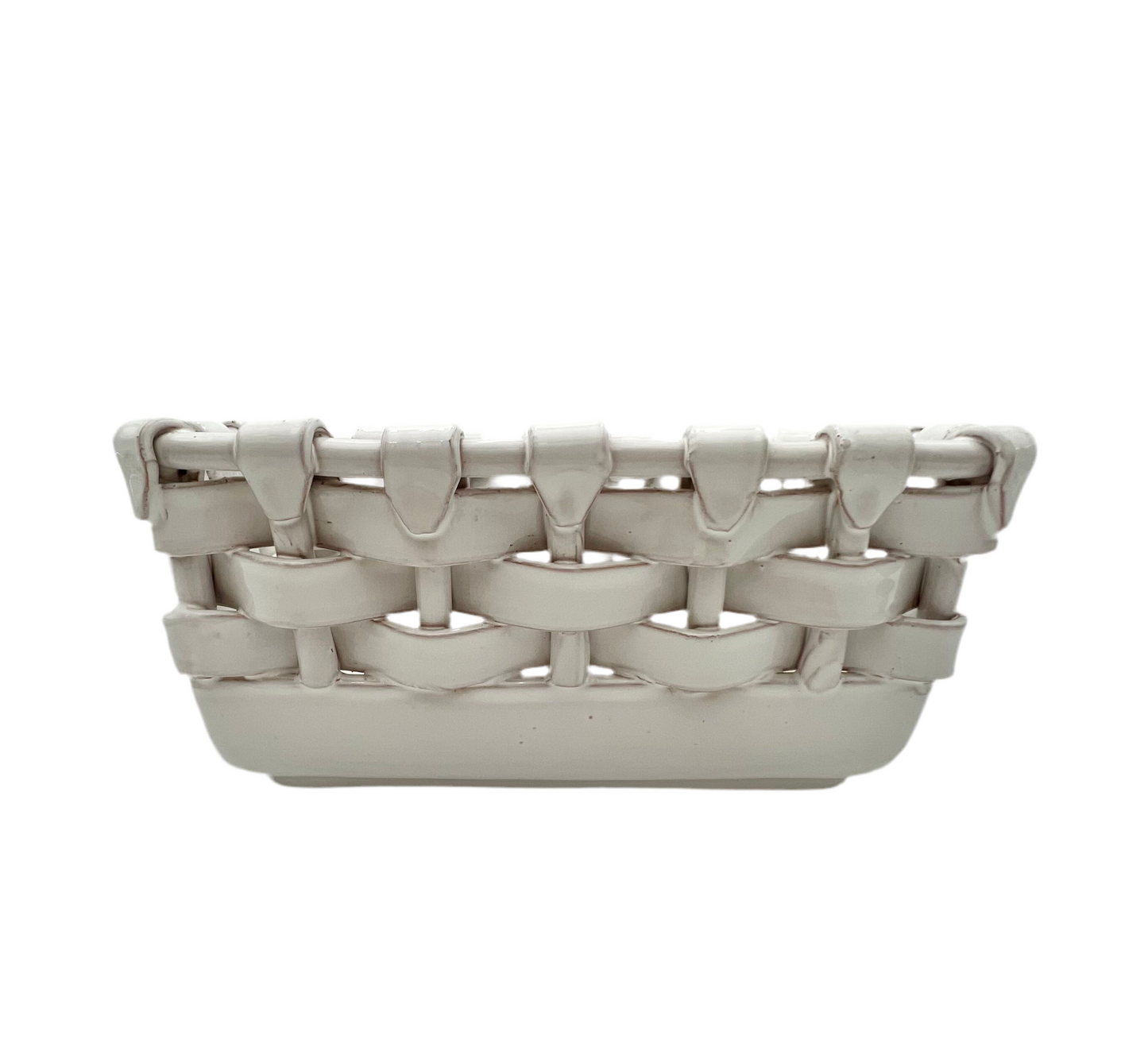 VINTAGE ITALIAN CERAMIC BASKETWEAVE CENTERPIECE PLANTER – WHITE GLAZED HOLLYWOOD REGENCY MID-CENTURY ITALY POTTERY