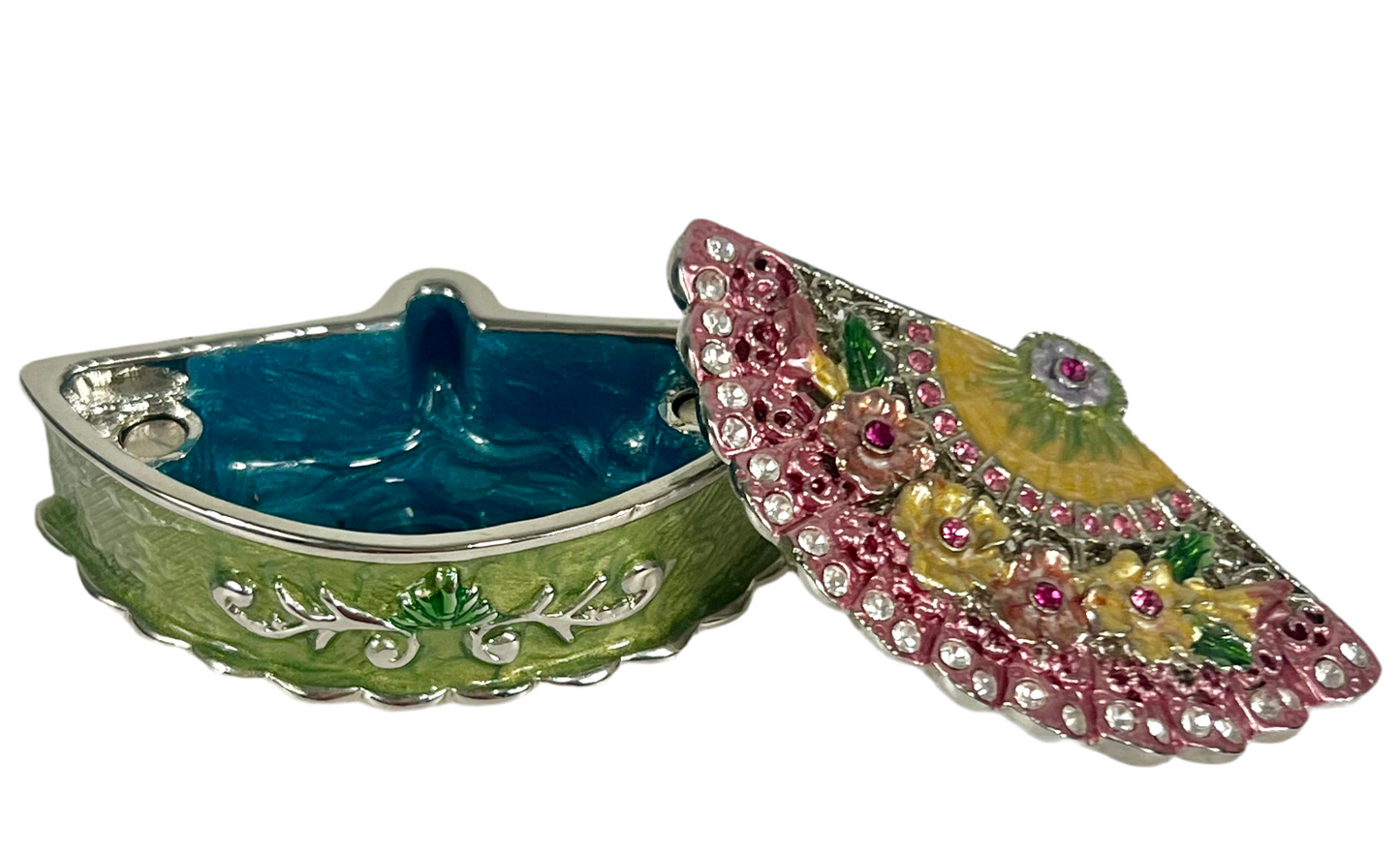 VINTAGE STYLE FAN TRINKET BOX WITH ENAMEL FLOWERS AND JEWELED CRYSTALS