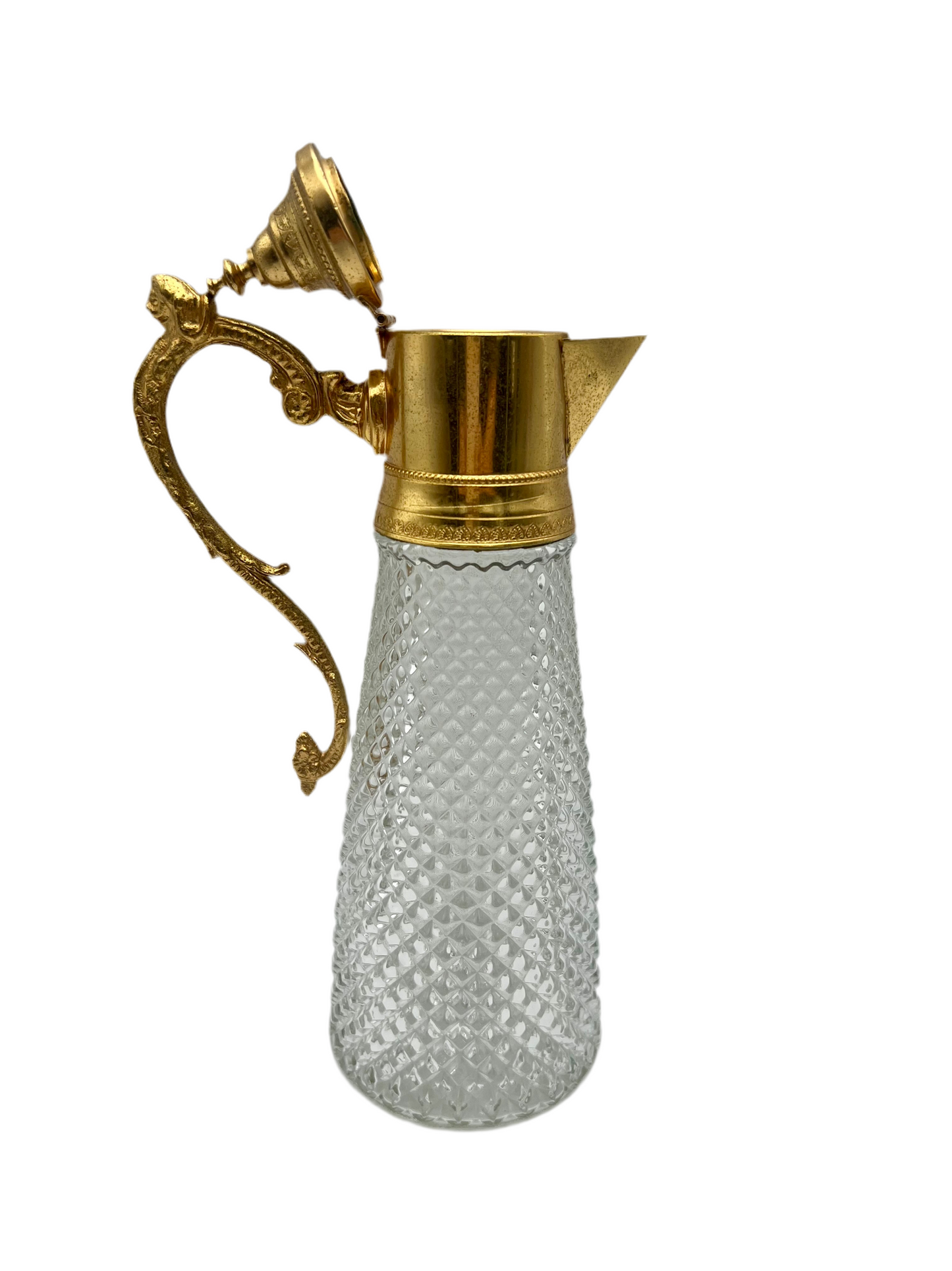 ANTIQUE ART DECO DIAMOND TIP CRYSTAL  AND GILT LION HEAD HANDLE JUG, CIRCA  1930’S
