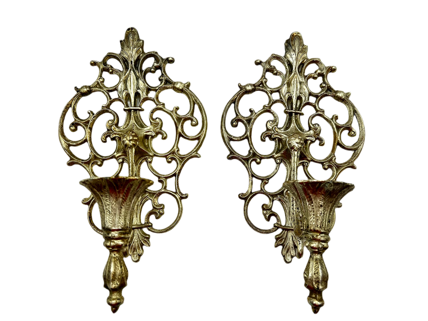 PAIR VINTAGE BRASS SCROLLWORK SCONCES WITH AQUA TULIP GLASS CUPS — HOLLYWOOD REGENCY, 9.5”