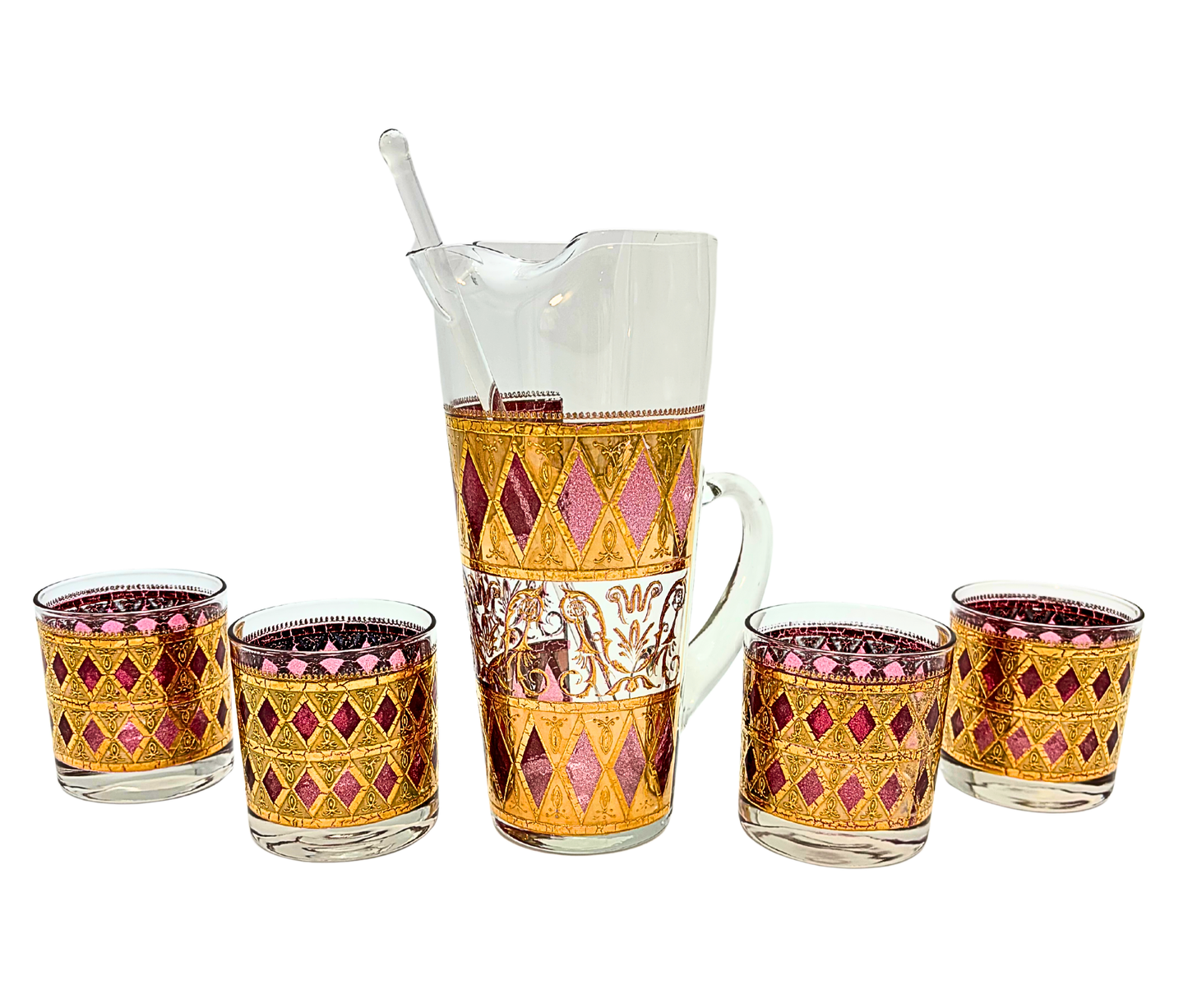 CULVER JEWELED MAGENTA AND 22K GOLD COCKTAIL SET WITH PITCHER AND STIR CIRCA 1960S