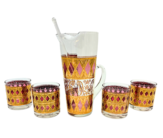 CULVER JEWELED MAGENTA AND 22K GOLD COCKTAIL SET WITH PITCHER AND STIR CIRCA 1960S