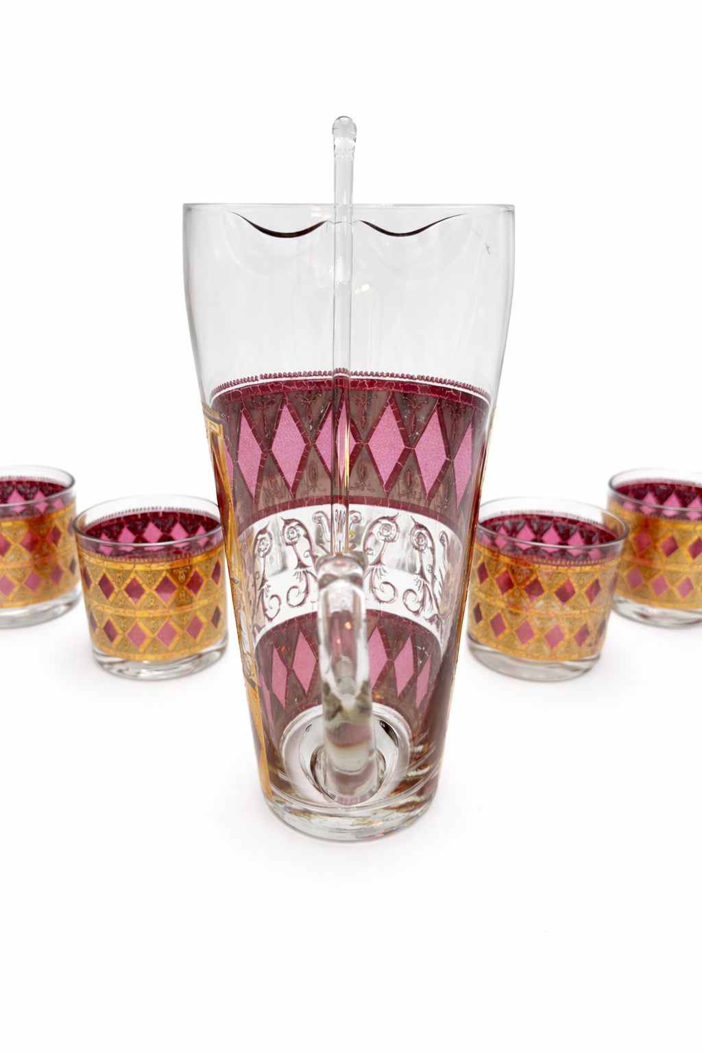 CULVER JEWELED MAGENTA AND 22K GOLD COCKTAIL SET WITH PITCHER AND STIR CIRCA 1960S