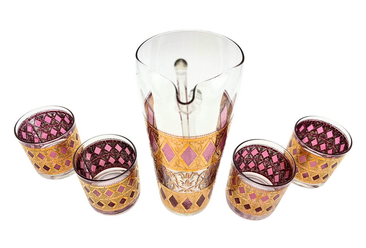 CULVER JEWELED MAGENTA AND 22K GOLD COCKTAIL SET WITH PITCHER AND STIR CIRCA 1960S