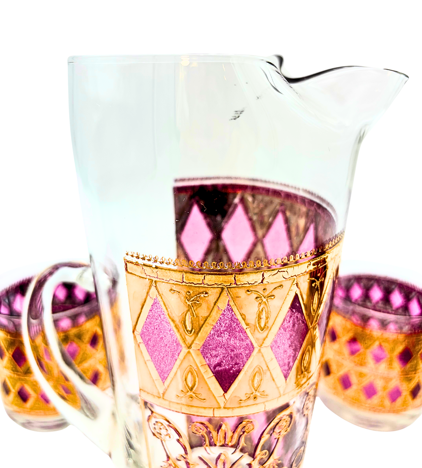 CULVER JEWELED MAGENTA AND 22K GOLD COCKTAIL SET WITH PITCHER AND STIR CIRCA 1960S