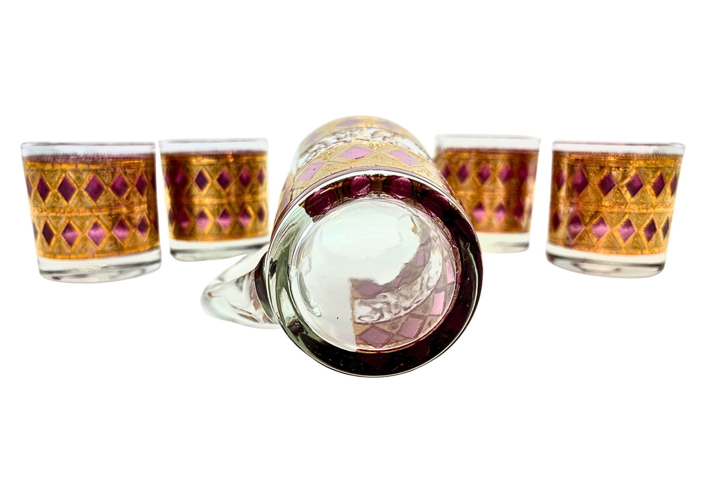 CULVER JEWELED MAGENTA AND 22K GOLD COCKTAIL SET WITH PITCHER AND STIR CIRCA 1960S