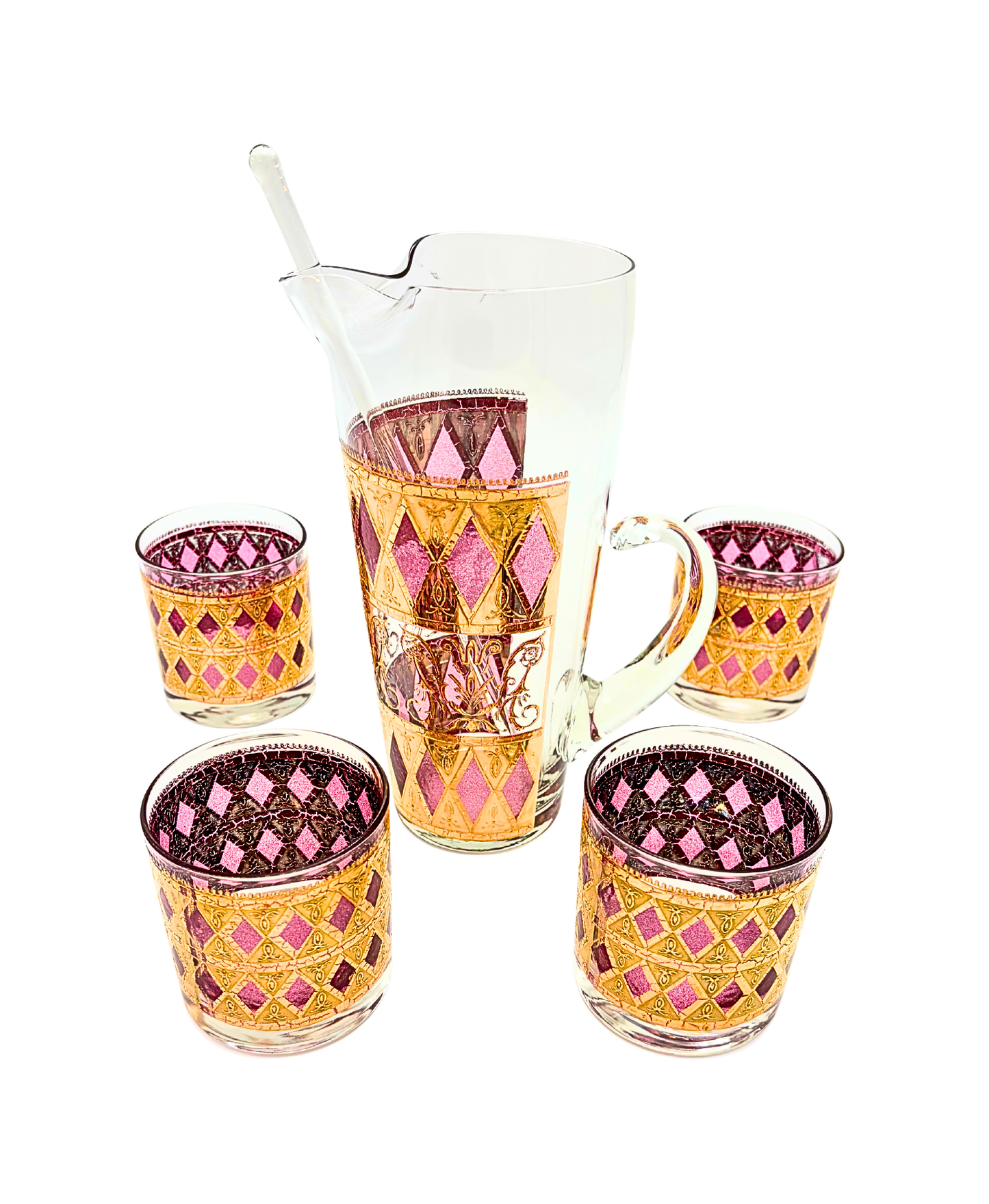 CULVER JEWELED MAGENTA AND 22K GOLD COCKTAIL SET WITH PITCHER AND STIR CIRCA 1960S