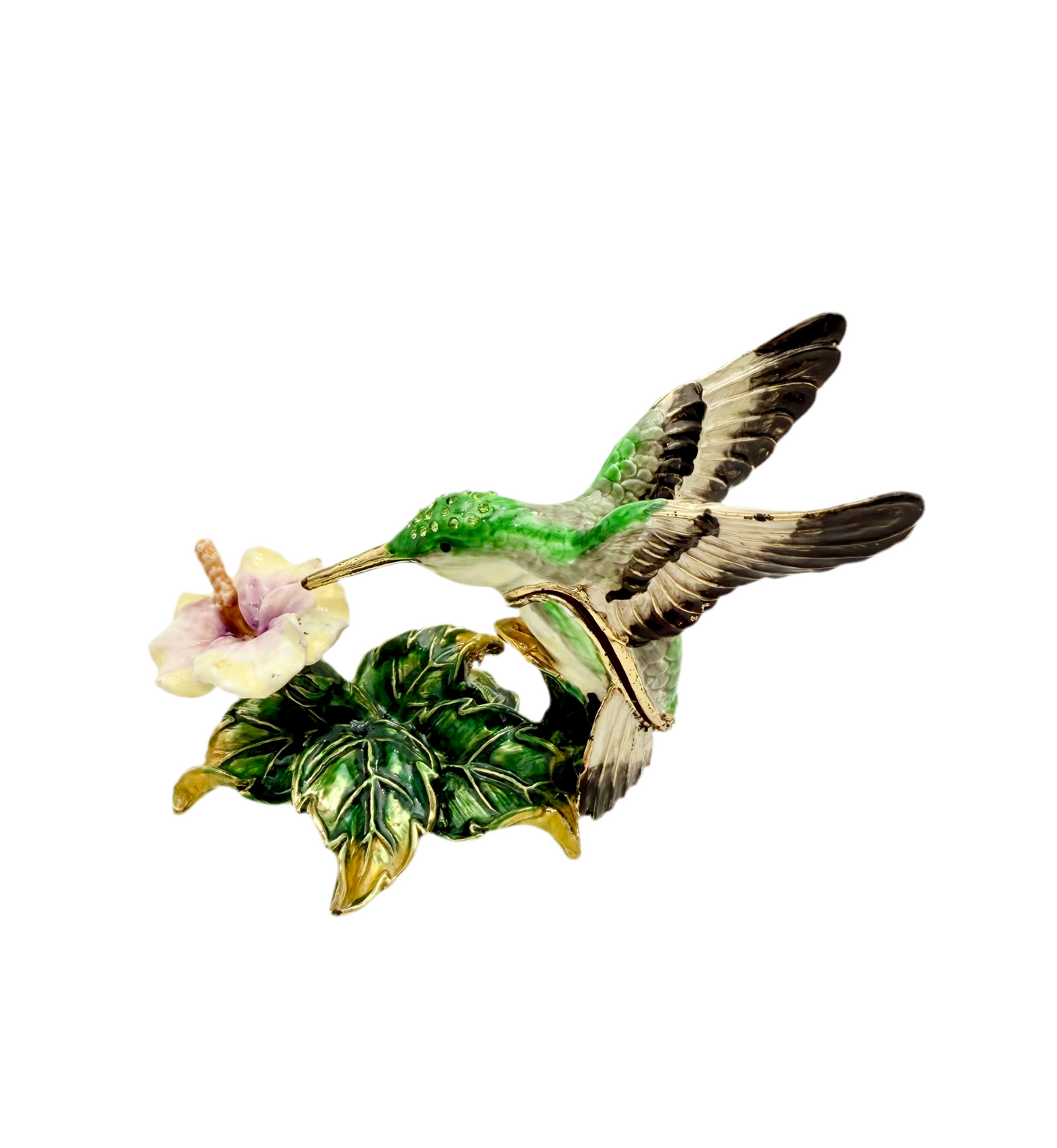 VINTAGE GREEN HUMMINGBIRD WITH CRYSTALS JEWELRY/TRINKET BOX