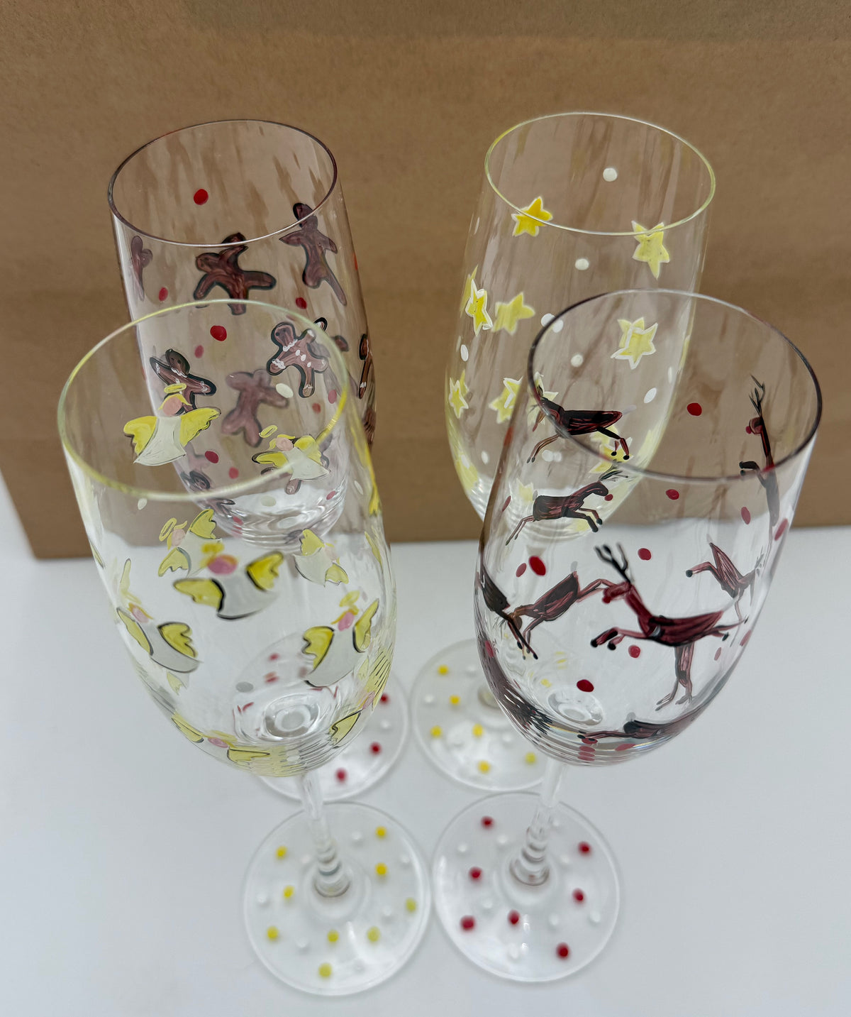 Hand Painted Christmas Champagne Flutes Set of 4, Vintage Holiday Glasses, Angels Reindeer Gingerbread Stars, Whimsical Stemware