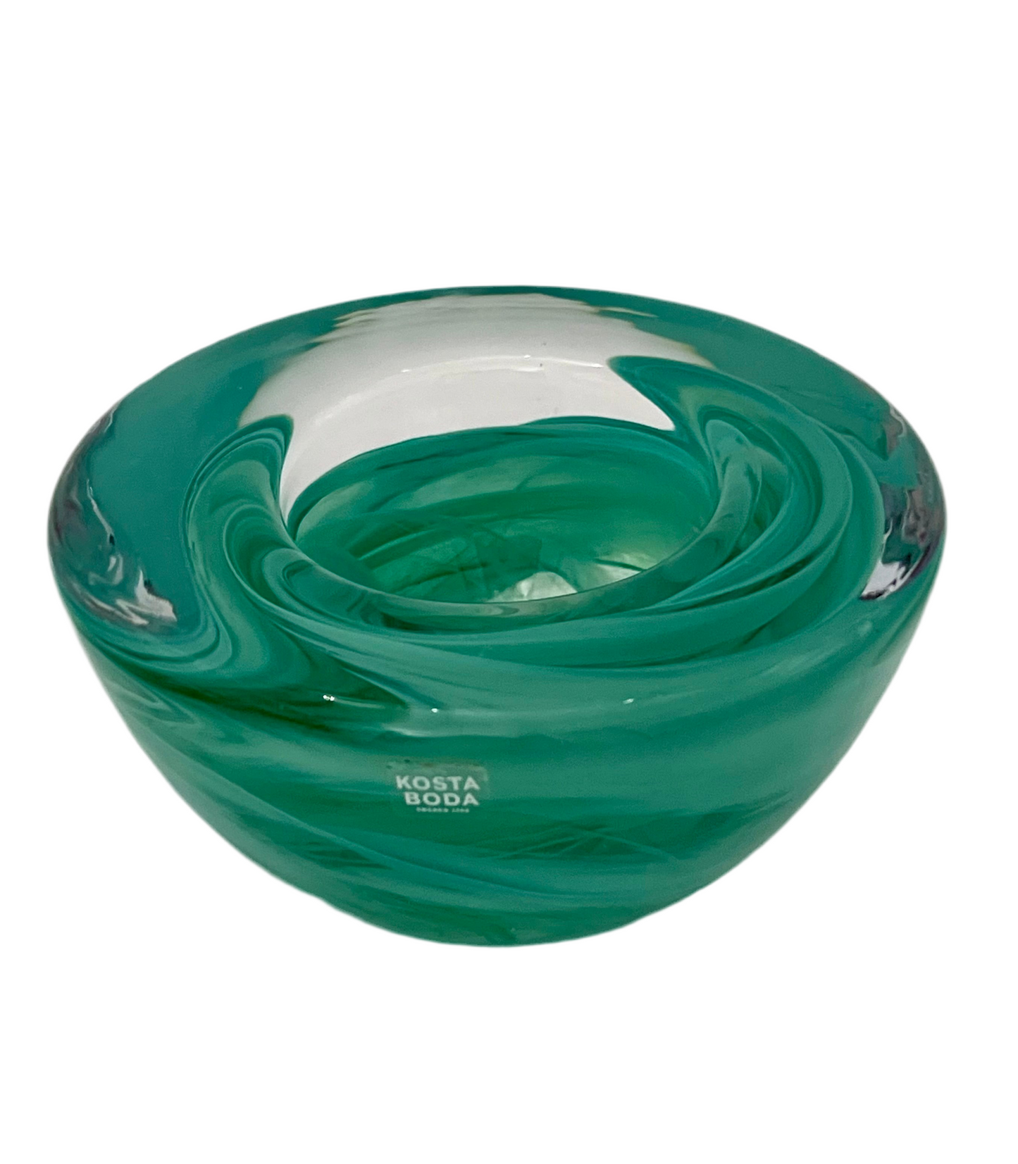KOSTA BODA AQUA ART GLASS CANDLE HOLDER — WITH ORIGINAL MAKER STICKER