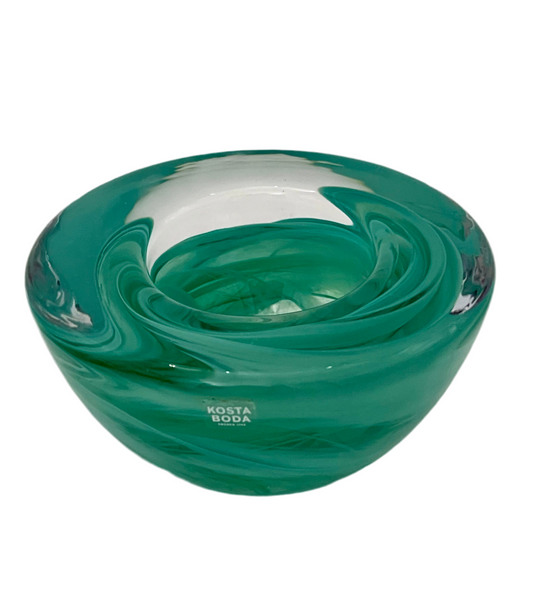 KOSTA BODA AQUA ART GLASS CANDLE HOLDER — WITH ORIGINAL MAKER STICKER