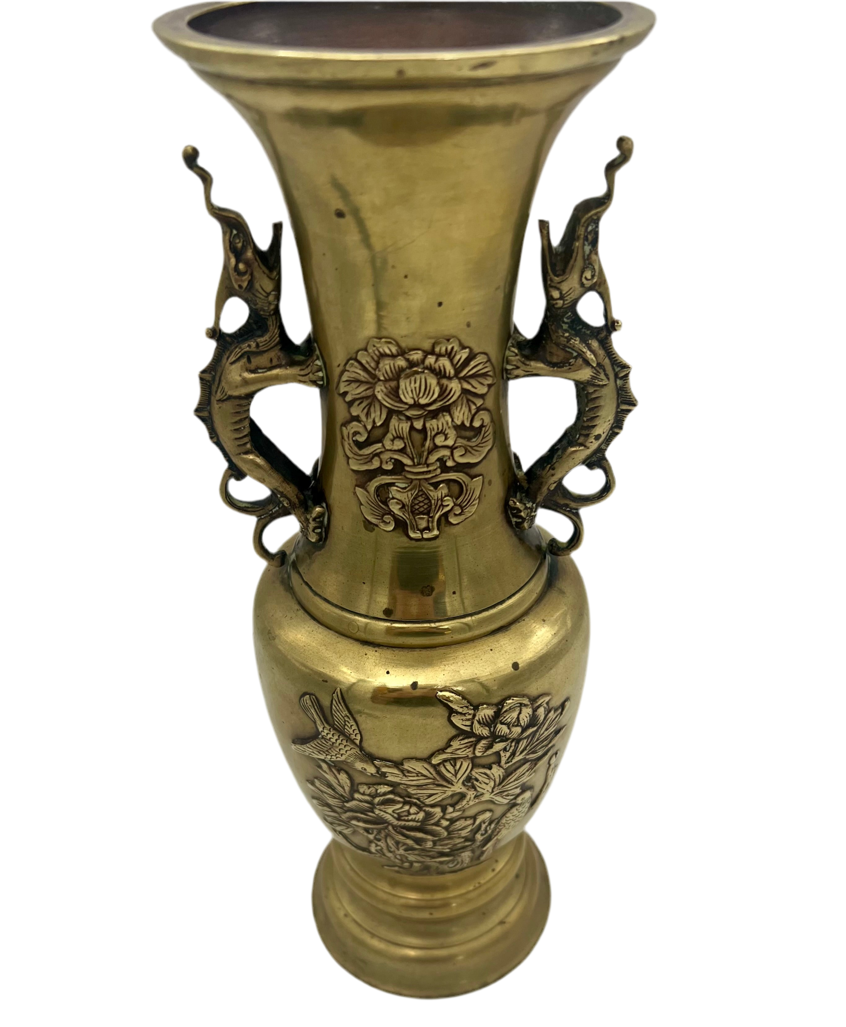 CHINOISERIE CAST BRASS DRAGON HANDLE ALTAR VASE WITH PEONY & BIRD RELIEF – 13.75 INCH STATEMENT PIECE